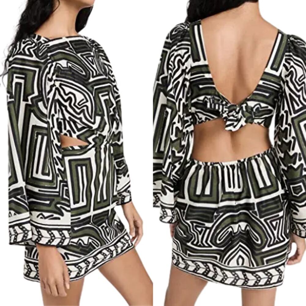 NWT Johanna Ortiz Ethnic Notes Cut Out Printed Poplin Mini Dress Green Size: 0